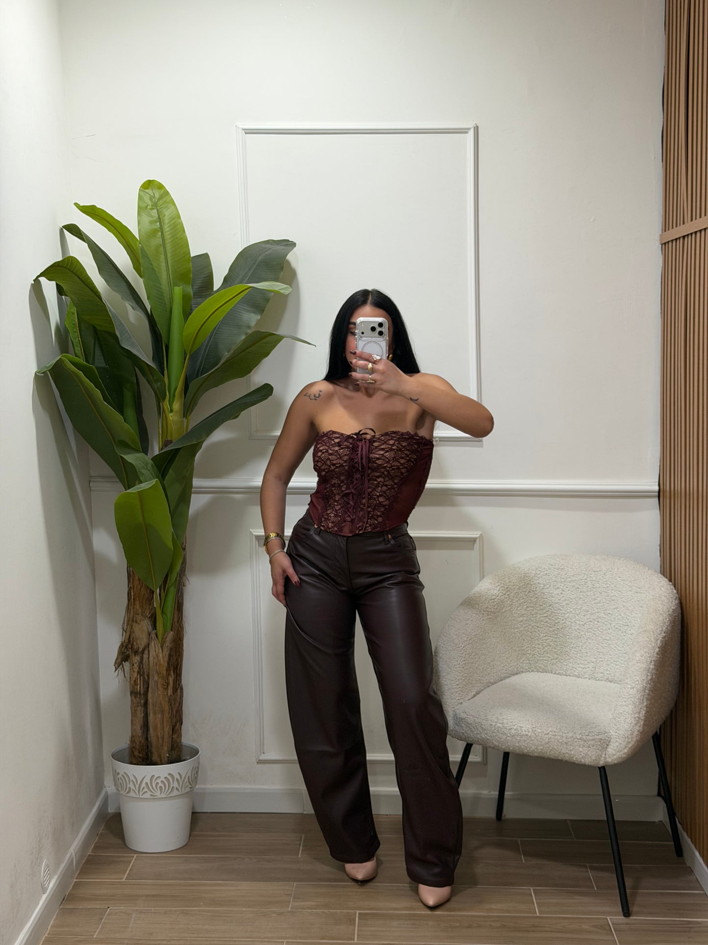 Pantalone balloon ecopelle vinaccio