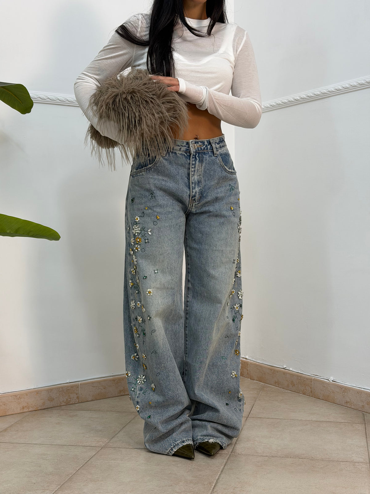 Jeans fiore brillantini
