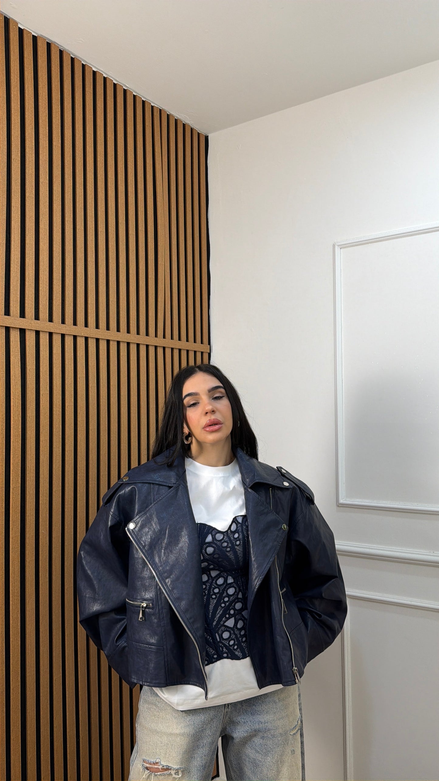 Chiodo ecopelle oversize blu