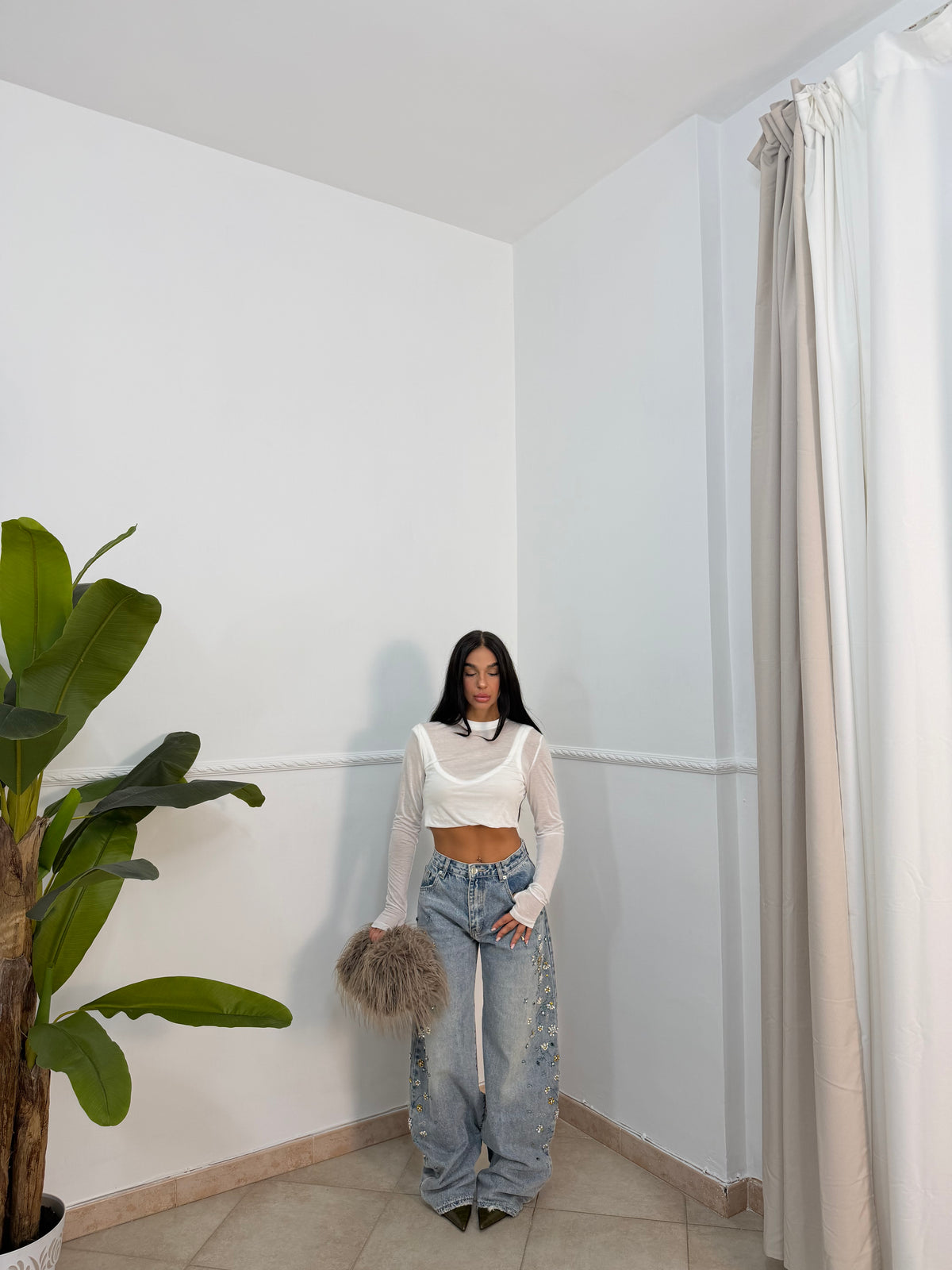 Jeans fiore brillantini