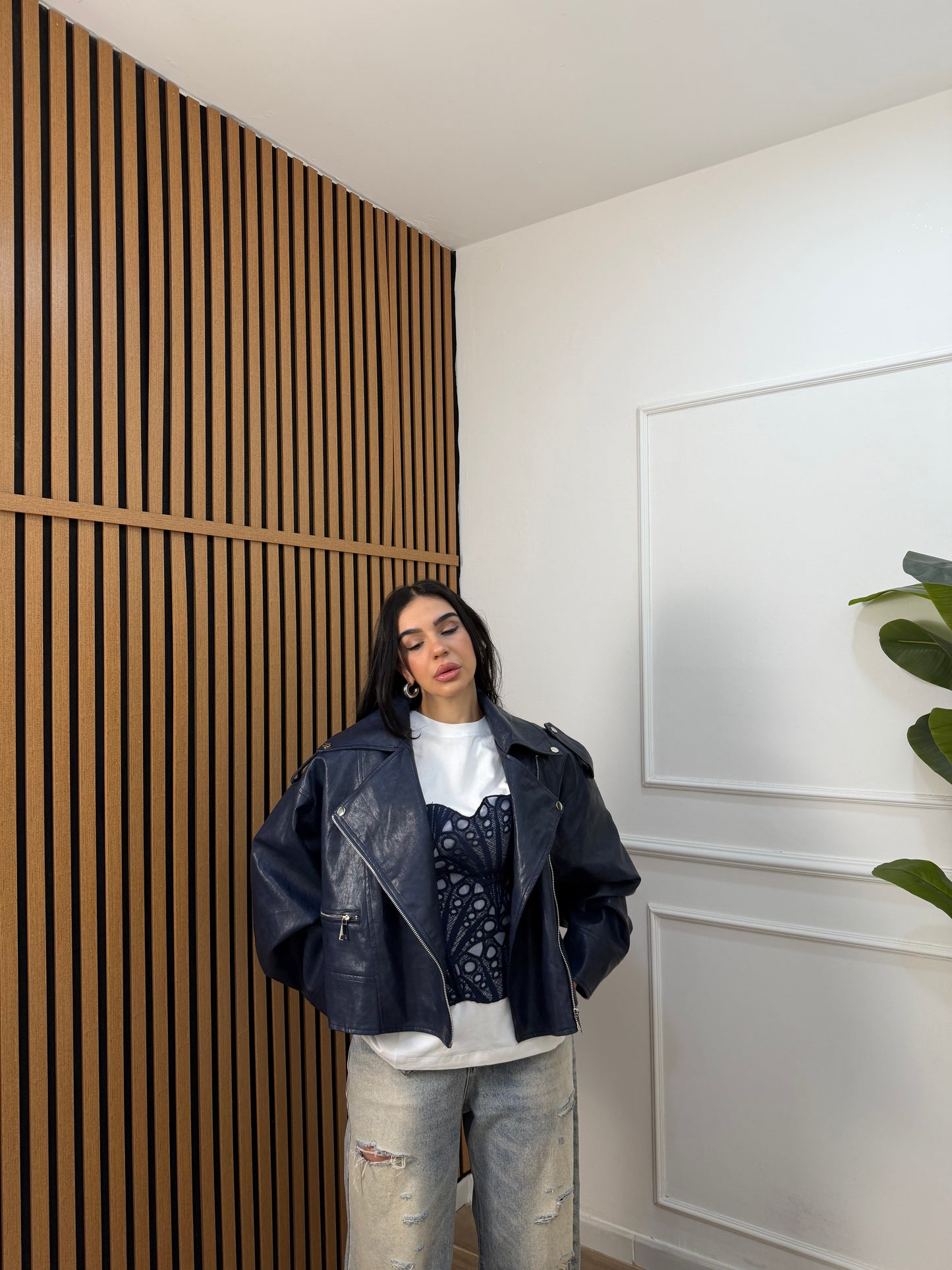 Chiodo ecopelle oversize blu