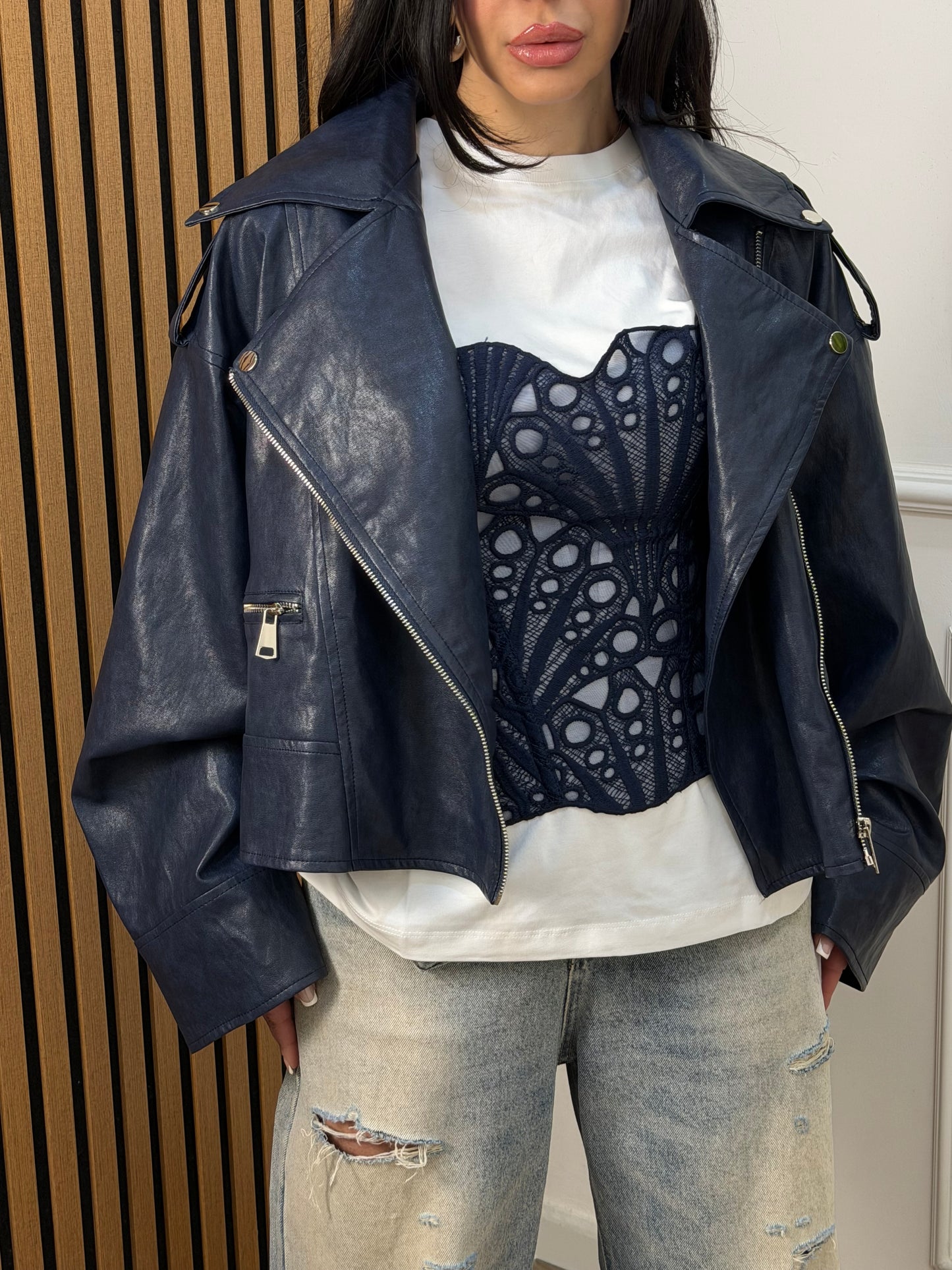 Chiodo ecopelle oversize blu