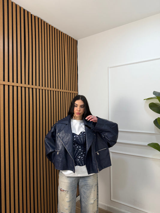 Chiodo ecopelle oversize blu