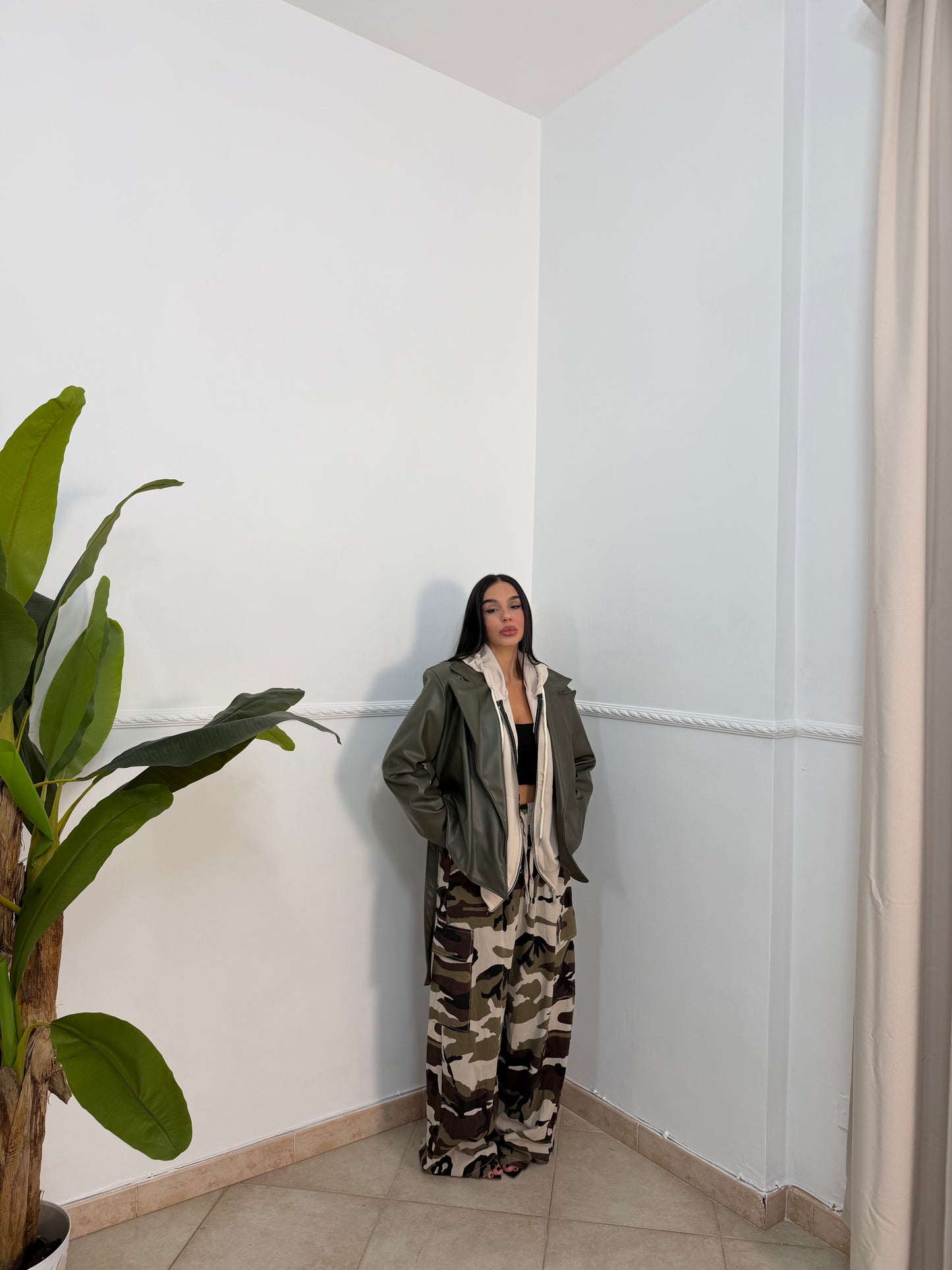 Pantalone camo costine crema