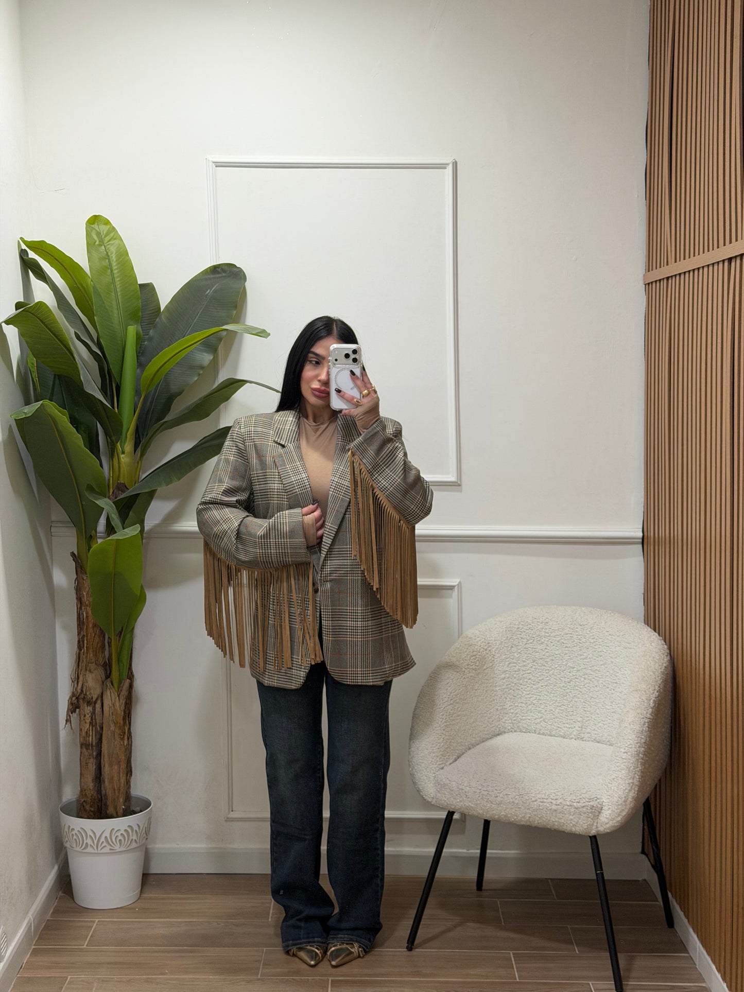 blazer pied de poule frange