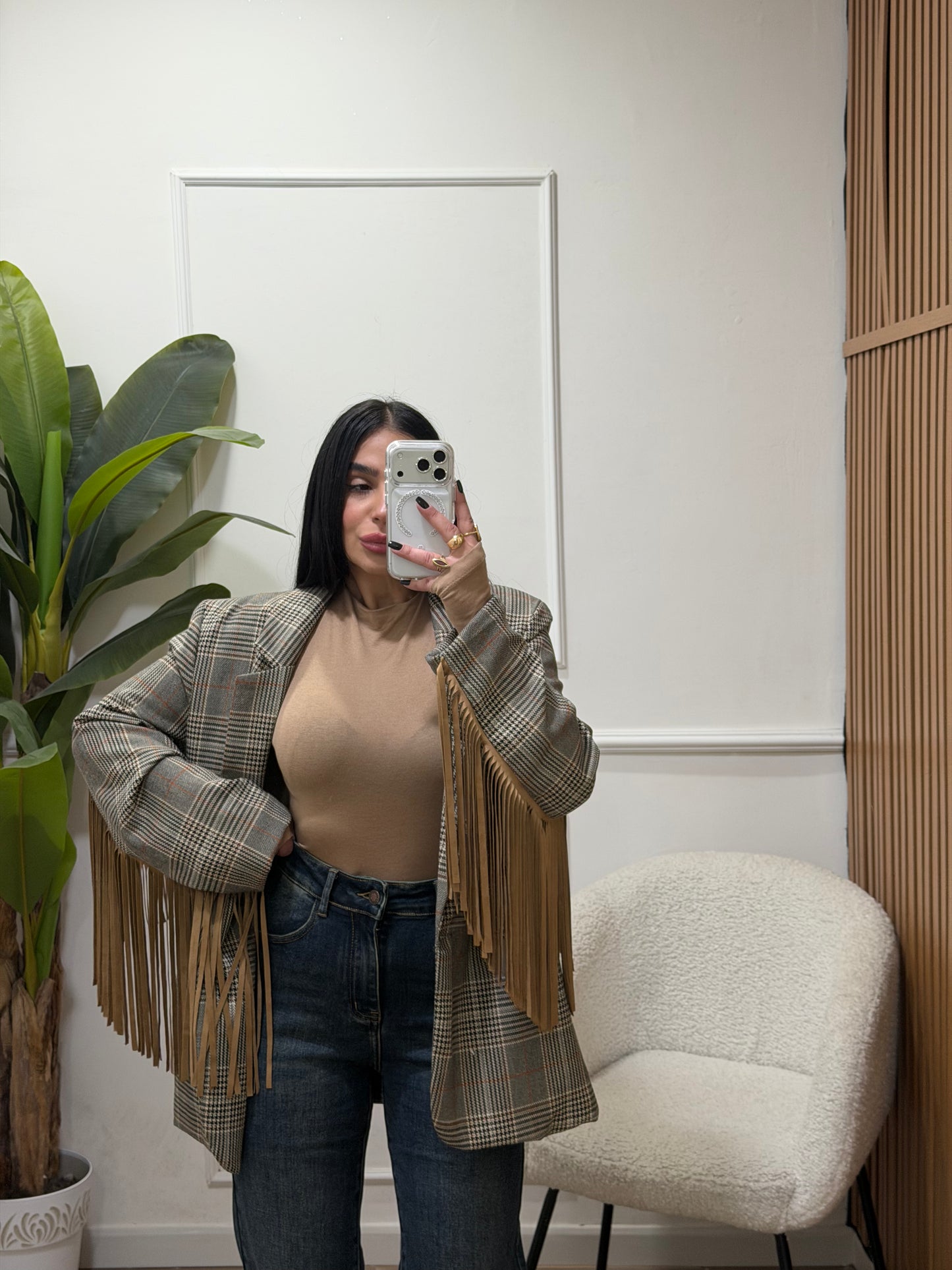 blazer pied de poule frange